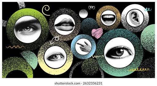 sensory collage – abstract circles representing human senses human senses in abstract circular collage.