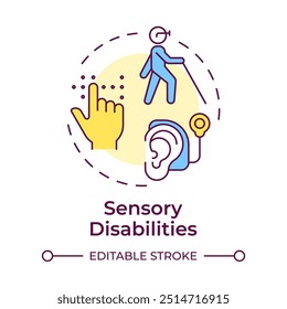 Sensory disabilities multi color concept icon. Perception impairment, medical care. Round shape line illustration. Abstract idea. Graphic design. Easy to use in infographic, presentation