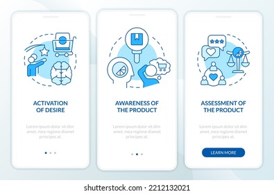 Sensory impact on customer behavior blue onboarding mobile app screen. Walkthrough 3 steps editable graphic instructions with linear concepts. UI, UX, GUI template. Myriad Pro-Bold, Regular fonts used