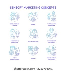 Sensory Marketing Blue Farbverlauf-Konzept-Symbole gesetzt. Für die Sinne des Kunden sind feine Illustrationen in der Farbe gedacht. Markenentwicklung. Isolierte Symbole. Verwendung von Roboter-Medium, Myriad Pro-Fett-Schriftarten