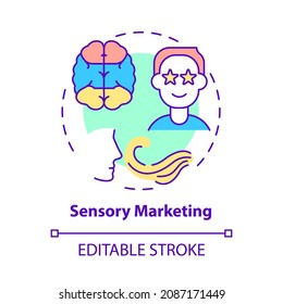 Sensory marketing concept icon. Sound and scent advertising. Visual branding. Appealing customers senses abstract idea thin line illustration. Vector isolated outline color drawing. Editable stroke