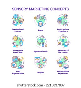 Sensory marketing concept icons set. Appealing to customer senses idea thin line color illustrations. Brand development. Isolated symbols. Editable stroke. Roboto-Medium, Myriad Pro-Bold fonts used