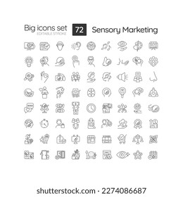 Sensory marketing linear icons set. Appeal to five senses. Business target audience. Product promotion. Customizable thin line symbols. Isolated vector outline illustrations. Editable stroke