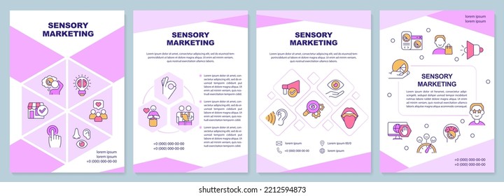 Sensory marketing pink brochure template. Senses in commerce. Leaflet design with linear icons. Editable 4 vector layouts for presentation, annual reports. Arial-Black, Myriad Pro-Regular fonts used