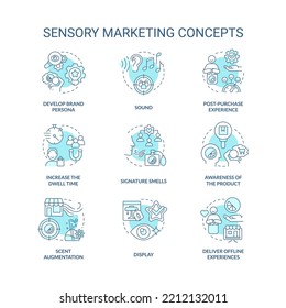 Sensory marketing turquoise concept icons set. Appealing to customer senses idea thin line color illustrations. Branding. Isolated symbols. Editable stroke. Roboto-Medium, Myriad Pro-Bold fonts used