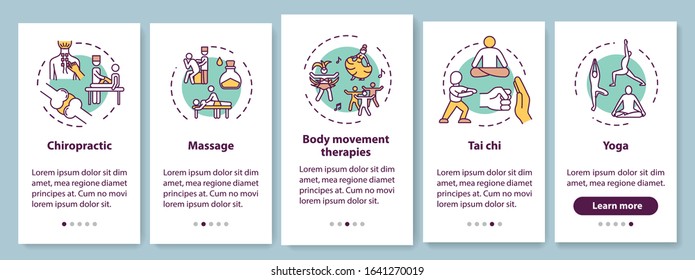 Sensory medicine onboarding mobile app page screen with concepts. Alternative healing techniques walkthrough five steps graphic instructions. UI vector template with RGB color illustrations