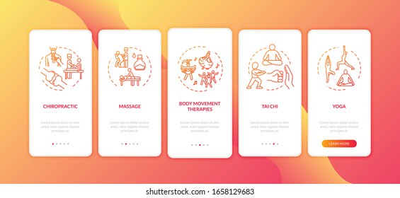 Sensory Medicine Onboarding Mobile App Page Screen With Concepts. Complementary Physical Therapies Walkthrough Five Steps Graphic Instructions. UI Vector Template With RGB Color Illustrations