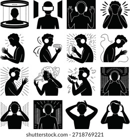 Sensory perception and VR experience icon set. Containing hearing, seeing, smelling, tasting, virtual reality headset, sensory overload, and more.