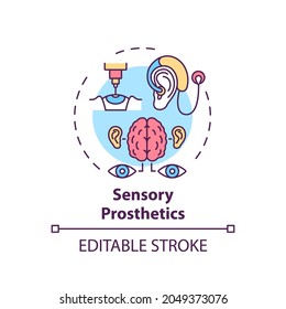 Sensory prosthetics concept icon. Rehabilitation engineering application idea thin line illustration. Orthotic-prosthetic control. Vector isolated outline RGB color drawing. Editable stroke