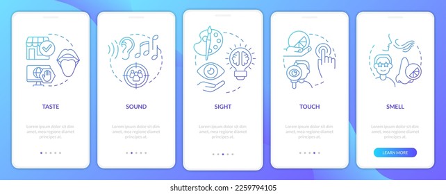 Sensory receptors in advertising blue gradient onboarding mobile app screen. Walkthrough 5 steps graphic instructions with linear concepts. UI, UX, GUI template. Myriad Pro-Bold, Regular fonts used