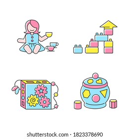 Sensory toys for toddlers RGB color icons set. Baby doll with tea set. Educational toys for children early development. Children amusement and activity ideas. Isolated vector illustrations