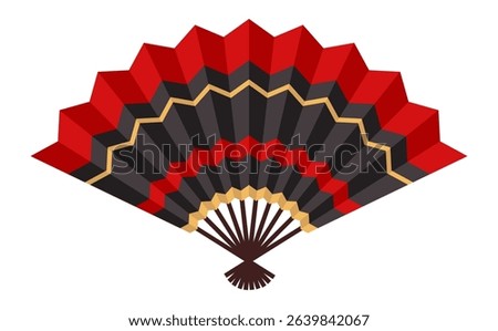Sensu, Japanese folding fan with red and black design with gold accents, brings a touch of traditional Japanese aesthetics, offering a refreshing breeze and cultural charm
