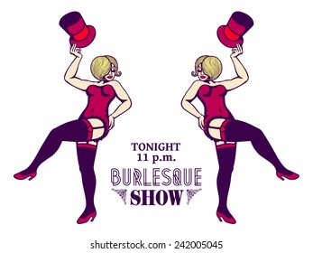 Sensual and attractive curvy ladies in corset and stockings performing a striptease on stage, sexy and erotic burlesque show flyer design