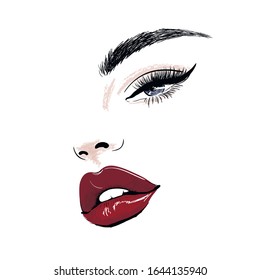 sensual face with red juicy lips and eye art