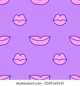 Sensual Female Lips Seamless Pattern. Cute hand drawn background with pink kiss and smile mouth symbols on purple backdrop. Repeat vector illustration