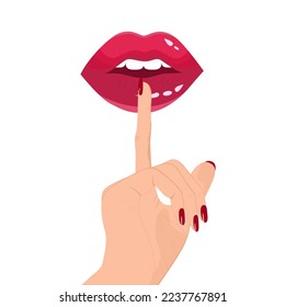 sinnliche, saftig geöffnete rote Lippen mit Fingern
Mit dem Finger auf den Lippen, zeigt einen Zeigefinger vor den Lippen eine Bitte um Schweigen. 