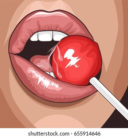 Sensual red lips with a Lollipop, vector