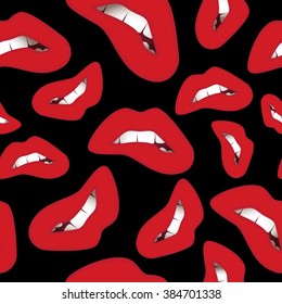 Sensual seamless pattern with open mouth with red lips and white teeth on dark background. Vector illustration for your graphic design.