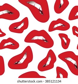 Sensual seamless pattern with open mouth with red lips and white teeth on white background. Vector illustration for your graphic design.