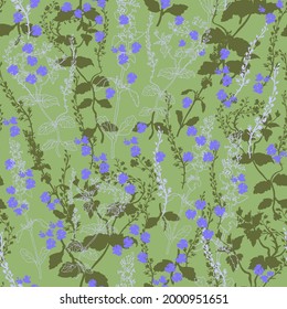 Sensual summer wildflowers and grasses in flat style on light green background. Colored floral seamless pattern vector illustration for bedding, clothes textile, fabric, apparel, ecology package.
