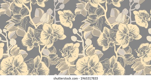 Patrón tropical sensual sin fisuras con flores dibujadas a mano orquídeas en colores de moda del año. Diseño elegante para textiles, tela, papel pintado, papel de embalaje, embalaje.