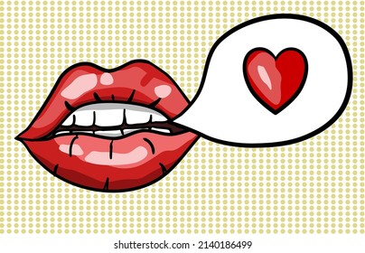 Sensual Woman Lips Speaking Love. Comics Style Illustration