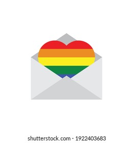  icono de envío de correo.  sobre con un vector cardíaco gay o logotipo LGBT . Bandera arcoiris. Símbolo de orgullo. Señal de mensaje de amor.