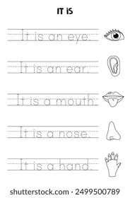 It is sentence for kids. Body parts and sense organs. Black and white worksheet.