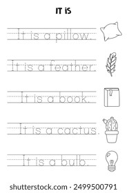 It is sentence for kids. Different objects. Black and white worksheet.