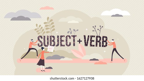 Sentence structure with subject and verb, flat tiny persons concept vector illustration. Learning language grammar and identifying word types. Writing and speaking principles, school study process.