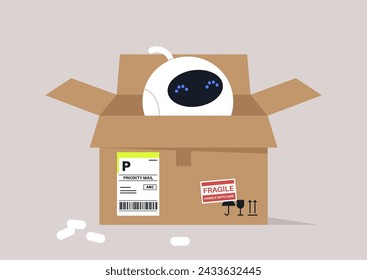 Sentient Robot assistant Unboxed in New Home, A freshly unpacked AI helper with wide eyes peers out from its cardboard box