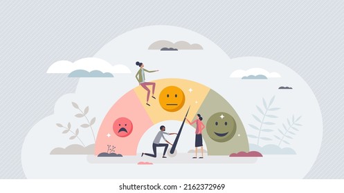 Sentiment analysis as AI technology for opinion mining tiny person concept. Artificial intelligence tool with machine emotions and feeling recognition for automatic evaluation vector illustration.