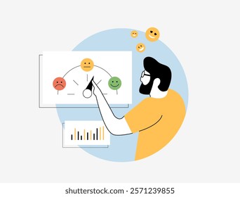 Sentiment analysis concept with social media feedback, customer reviews and brand insights. Positive, neutral and negative emotions shown in graphs for marketing, customer experience and data analysis