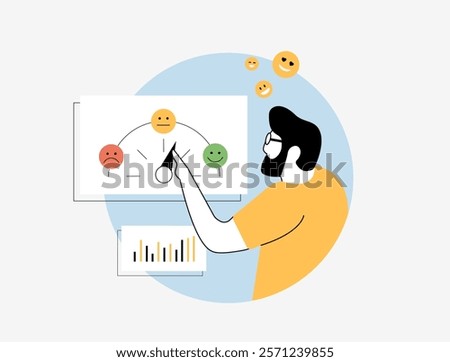 Sentiment analysis concept with social media feedback, customer reviews and brand insights. Positive, neutral and negative emotions shown in graphs for marketing, customer experience and data analysis