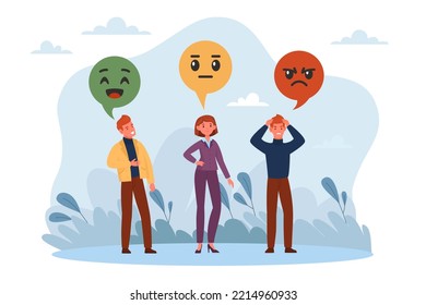 Sentiment analysis, different opinions. Various customer feedback. Good neutral and bad emotions, people positive and negative communication, discussion and conflict. Vector cartoon concept