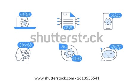 Sentiment Analysis and Emotion Classification AI Icon Set. Features NLP Processing on Devices, Chatbots, and Neural Sentiment Engines. Editable Stroke.
