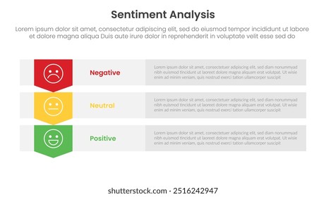 sentiment analysis framework infographic template with rectangle box container stack with arrow bottom direction with 3 point list information for slide presentation vector