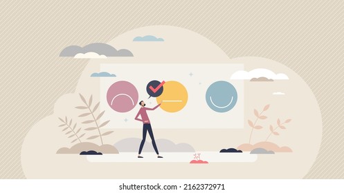 Sentiment analysis and identify emotions with AI machine tool tiny person concept. Customer reaction recognition from voice processing and biometrics for automated marketing report vector illustration