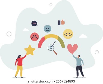 Sentiment analysis on customer feedback, brand reputation or positive review, social voice, rating or opinion report, reaction or survey concept.flat characters.