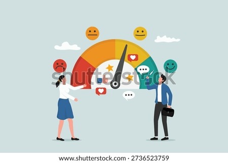 Sentiment analysis on customer feedback, brand reputation or positive review, social voice, rating or opinion report, reaction or survey concept, businesspeople analyze social sentiment dashboard.