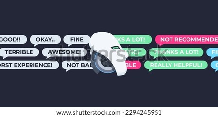 Sentiment Analysis on Product Reviews Comments Artificial Intelligence Vector Illustration Concept Robot Language Processing Positive Negative Neutral Emotion Flat Design