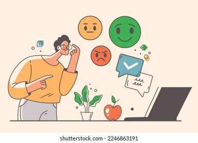 Sentiment analysis test emotions by artificial intelligence technologies concept. Speech bubbles with emoji face. Vector graphic design illustration