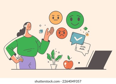 Sentiment analysis test emotions by artificial intelligence technologies concept. Speech bubbles with emoji face. Vector graphic design illustration