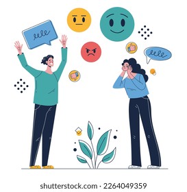 Sentiment analysis test emotions by artificial intelligence technologies concept. Speech bubbles with emoji face. Vector graphic design illustration