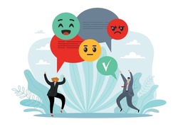 Sentiment Analysis And Written Test, Emotion Recognition, Automated Artificial Intelligence Technologies. Happy Man And Woman With Speech Bubbles And Emoji. Vector Cartoon Flat Concept