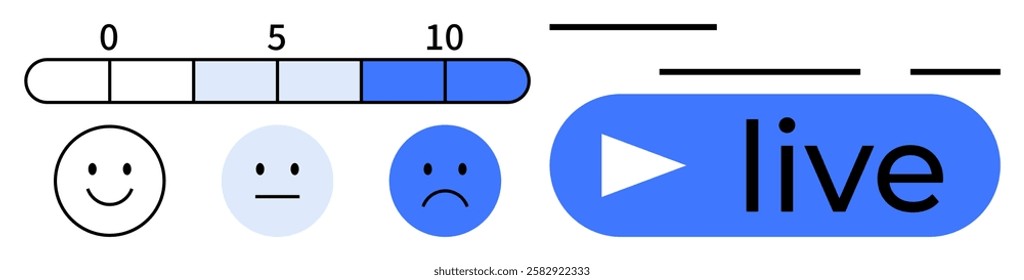 Sentiment scale with happy faces happy to sad , rating bar 0-10 , and live button. Ideal for user feedback, customer satisfaction, online surveys, live streaming, webinars, virtual events