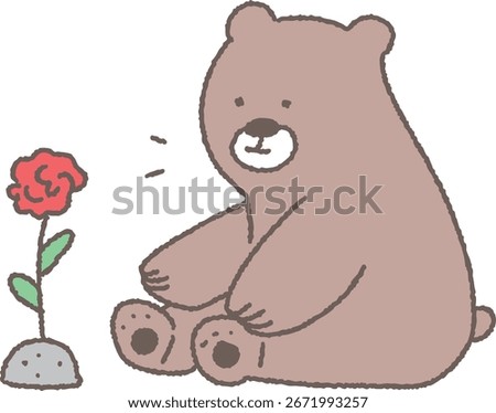 A sentimental and cute bear cartoon character looking at flowers