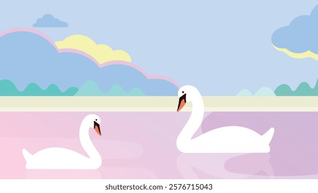 A sentimental illustration of two swans swimming on a river