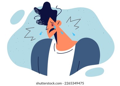 Sentimental man with tears on cheeks due to midlife crisis or breakup with girlfriend. Crying guy with tears experiencing depression and psychological crisis after failures in career and personal life