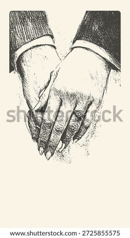 A sentimental vintage-style charcoal drawing of two hands clasped together, featuring an engagement ring, symbolizing love and lifelong commitment.